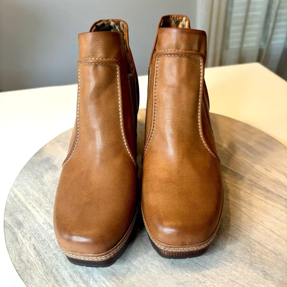 Korks Women's Platform Ankle Boots Brown Leather Chunky Heel Slip On Booties 7.5 - Picture 4 of 12